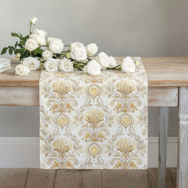Aquarellfarben Damask Drucktisch Gewöhnliches Elfe Großer Tischläufer (Watercolor Damask Print Table Runner Classic Ivory)