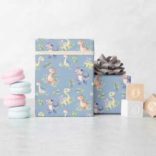 Aquarellfarben-Dinosaurier auf Grau Blue Geschenkpapier