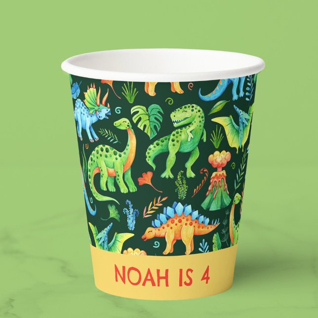 Aquarellfarben Dinosaurier Muster Boys Birthday Pappbecher (Watercolor Dinosaurs on Dark Green Boys Birthday Paper Cups)