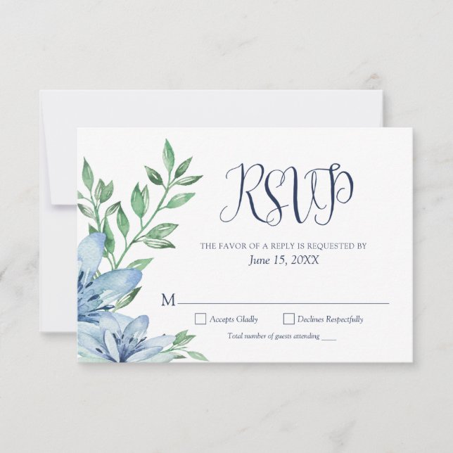 Aquarellfarben Dusty Blue Navy Blue Blooms RSVP Karte (Vorderseite)