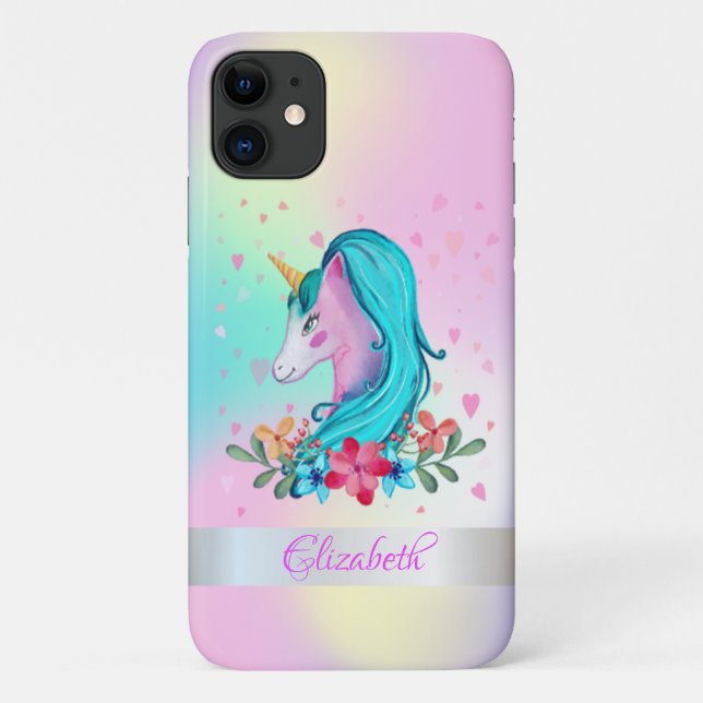 Aquarellfarben, Einhorn, Blume, Herz, Holografie Case-Mate iPhone Hülle (Rückseite)