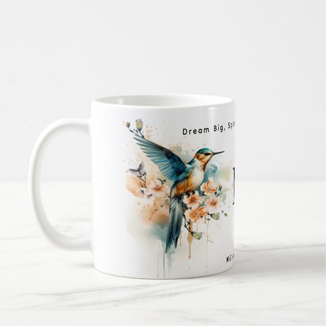 Aquarellfarben Elegantes Hummingbird Monogramm mit Kaffeetasse (Links)
