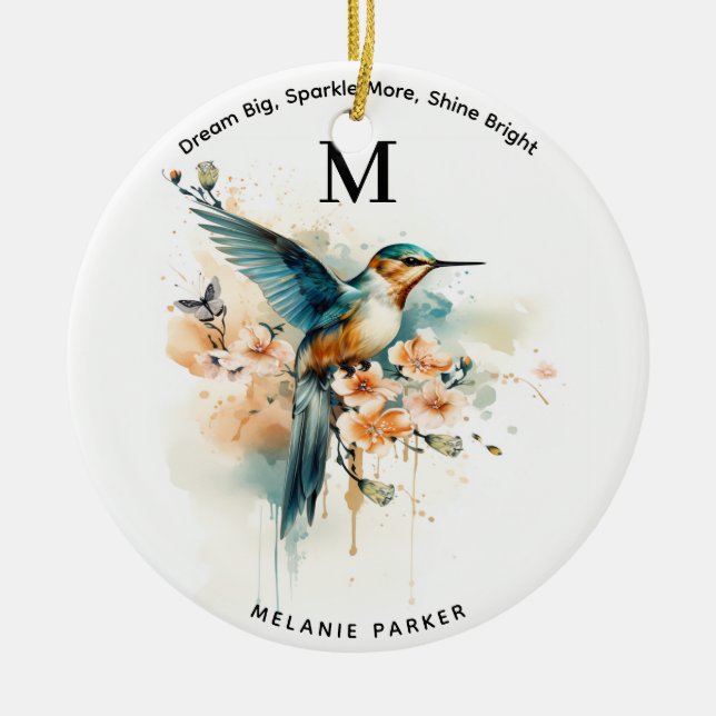 Aquarellfarben Elegantes Hummingbird Monogramm mit Keramik Ornament (Vorne)
