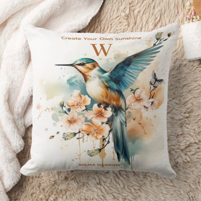 Aquarellfarben Elegantes Hummingbird Monogramm mit Kissen (Decke)