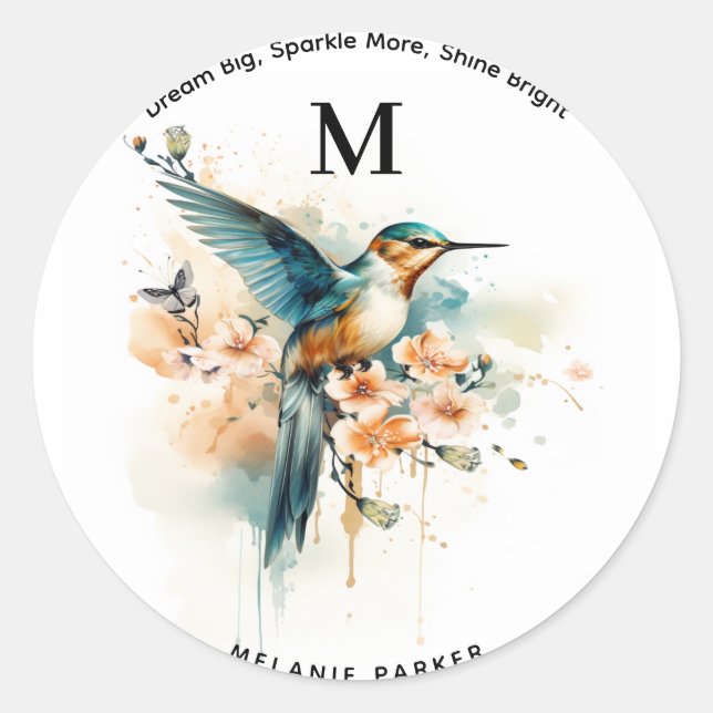 Aquarellfarben Elegantes Hummingbird Monogramm mit Runder Aufkleber (Vorderseite)