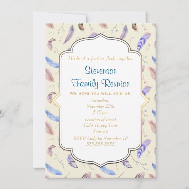 Aquarellfarben Federn und Blätter Family Wiederseh Einladung (Vorderseite)