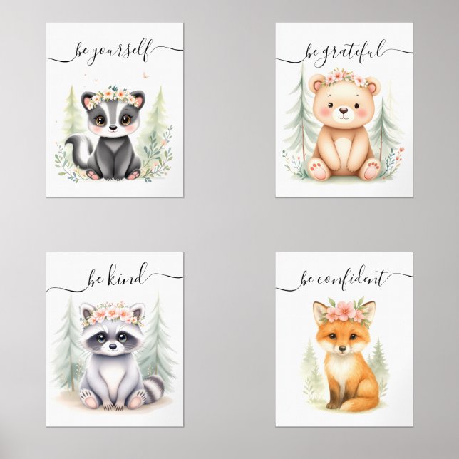 Aquarellfarben Feminine Woodland Kinderzimmer Bilderwand Sets (Vorderseite)