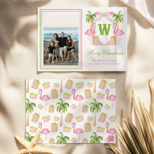 Aquarellfarben Flamingo Monogram Wappen Foto Feiertagskarte