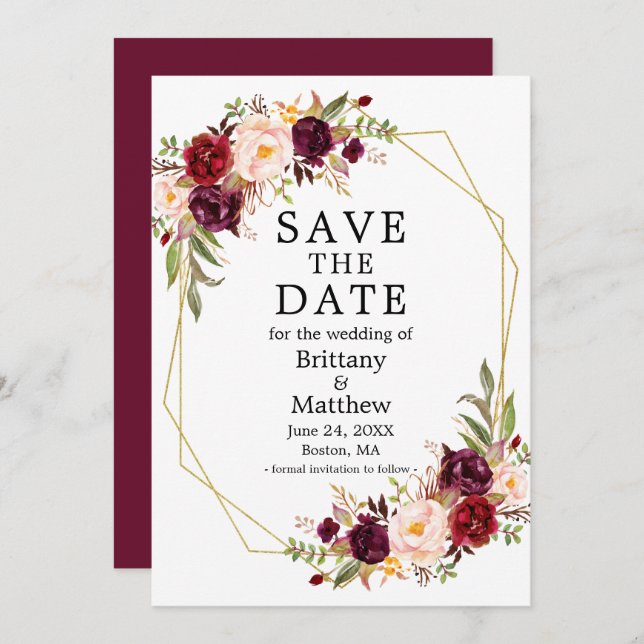 Aquarellfarben floral Burgundi Gold Geo Frame Save The Date (Vorne/Hinten)
