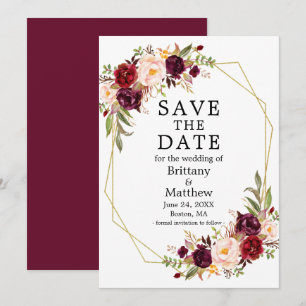 Aquarellfarben floral Burgundi Gold Geo Frame Save The Date