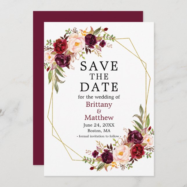 Aquarellfarben, floral Burgundy Geo Frame Save The Date (Vorne/Hinten)