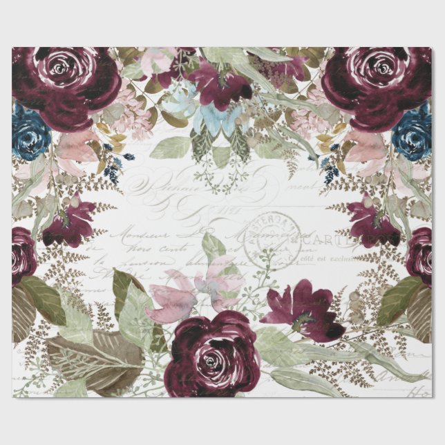 Aquarellfarben, florales Burgund, Navy Script Deco Geschenkpapier (Flach)