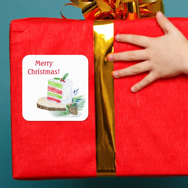 Aquarellfarben Frohe Weihnachts-Schichtkuchenaufkl Quadratischer Aufkleber (Von Creator hochgeladen)