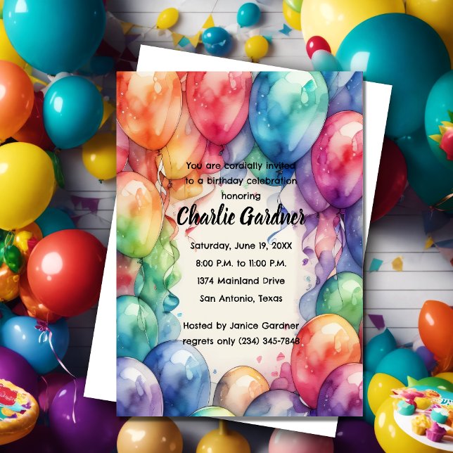 Aquarellfarben Geburtstagsballons farbenfroh Einladung (Von Creator hochgeladen)