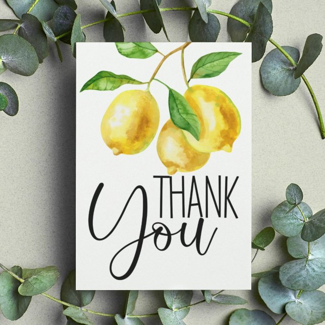 Aquarellfarben Gelb Danke Karte (Watercolor lemon drop thank you flat card features fun typography as well as citrus watercolor.)
