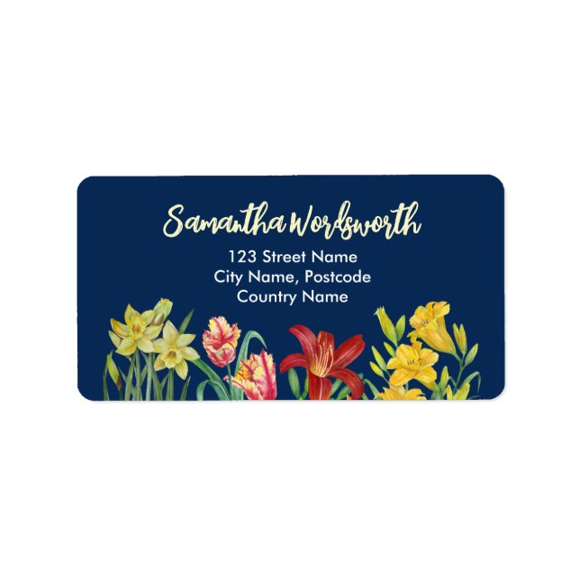 Aquarellfarben Gelbe Frühlingsblumen Navy Blau Adressaufkleber (Vorne)