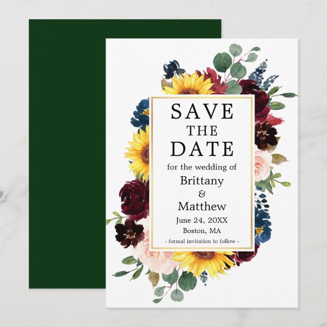 Aquarellfarben gemischte Blütengoldrahmen grün Save The Date (Vorne/Hinten)