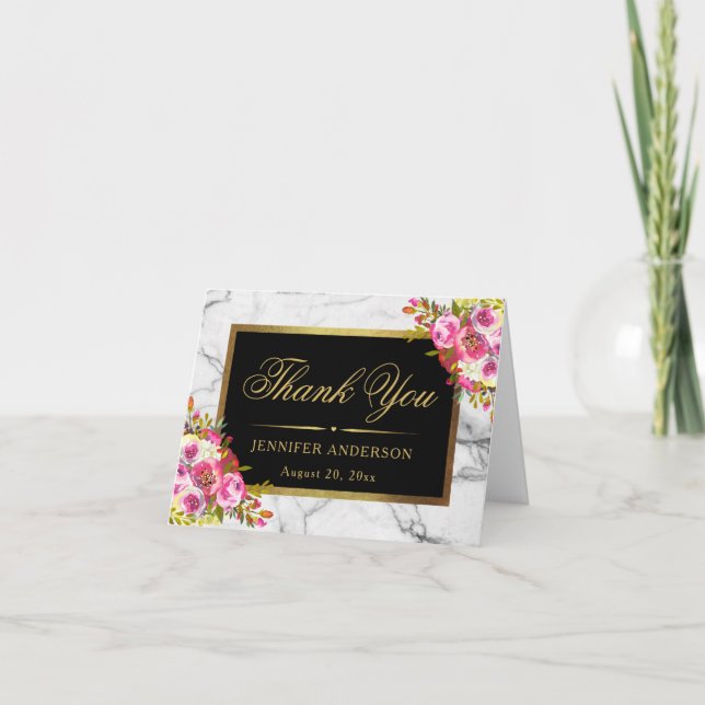 Aquarellfarben Gold Rahmen Marmor Danke Karte (Vorderseite)