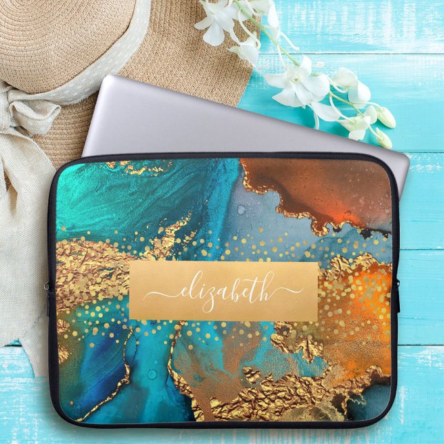 Aquarellfarben goldtürkisfarbene Orangenglasur Laptopschutzhülle (Von Creator hochgeladen)