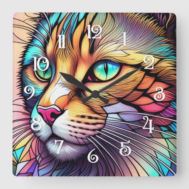Aquarellfarben - Hartglas - Katze II Quadratische Wanduhr (Vorderseite)