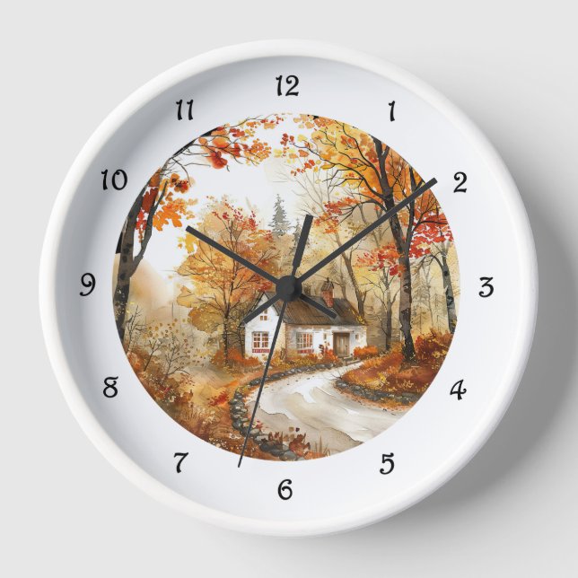 Aquarellfarben Herbst Hütte Rundschau Uhr (Vorderseite)