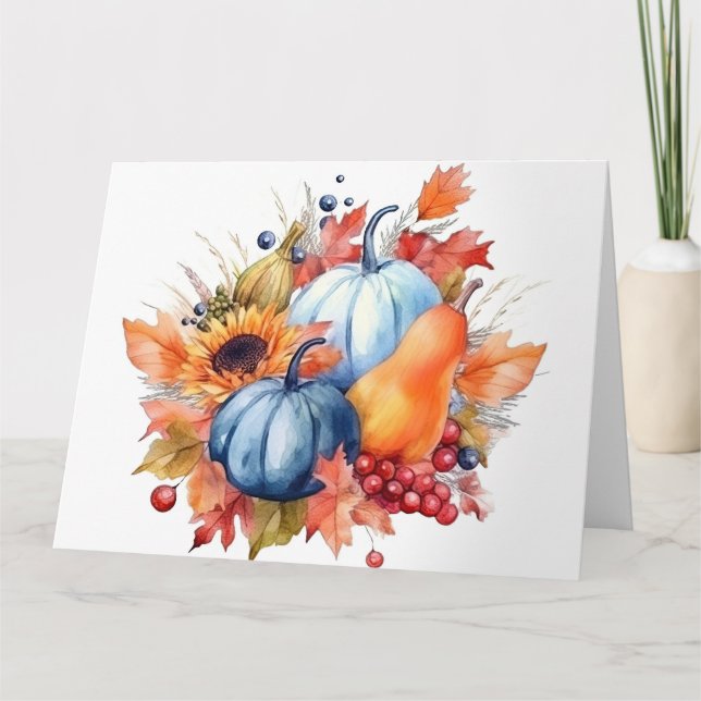 Aquarellfarben Herbst Sonnenblumen & Blaue Pumpkin Karte (Vorderseite)