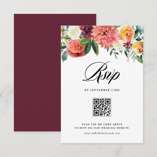 Aquarellfarben Herbstblüten Blumenzehen QR-Code RSVP Karte (Vorne/Hinten)