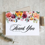 Aquarellfarben Herbstblüten Hochzeit im Herbst Dankeskarte<br><div class="desc">Vielen Dank an Gäste und Kunden mit dieser individuell gestaltbaren Dankeschön-Karte. Es verfügt über eine Aquarellgarage mit orangefarbenen, bordeauxfarbenen, weißen und rosa Blume mit grünen Akzenten. Personalisieren Sie diesen Herbst Blumenkarte durch Hinzufügen Ihrer eigenen Veranstaltungsdetails. Diese Aquarell-Dankeschön-Karte ist ideal für Hochzeiten im Herbst, Brautpartys, Babyduschen und andere Veranstaltungen. Hochzeit im...</div>