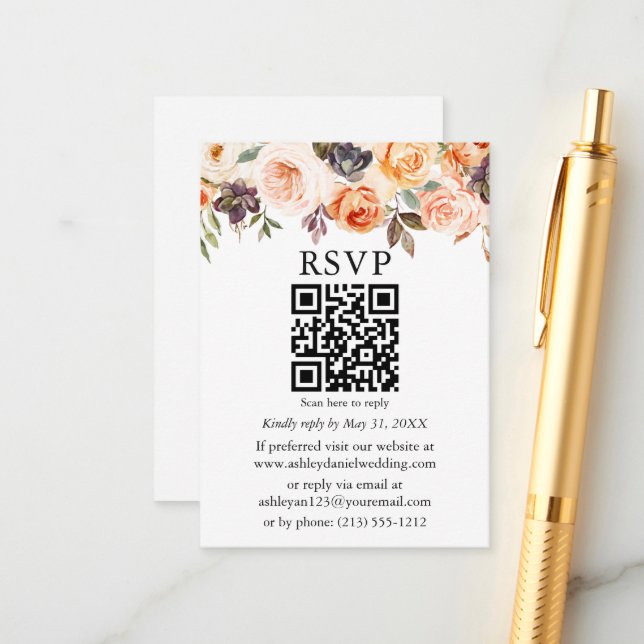 Aquarellfarben Herbstblütenhochzeit QR-UAWG Begleitkarte (Vorderseite/Rückseite Beispiel)