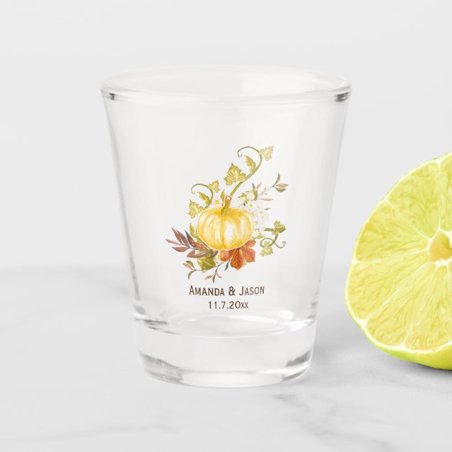 Aquarellfarben Herbstpumpen und Blätter Gastgesche Schnapsglas (Vorderseite)