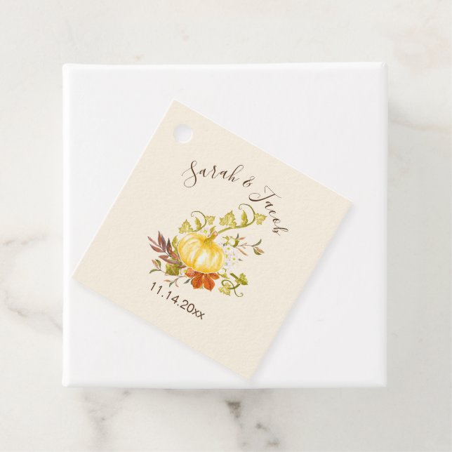 Aquarellfarben Herbstpumpen und Blätter Hochzeit Geschenkanhänger (Beispiel)