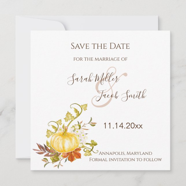Aquarellfarben Herbstpumpen und Blätter Hochzeit Save The Date (Vorderseite)
