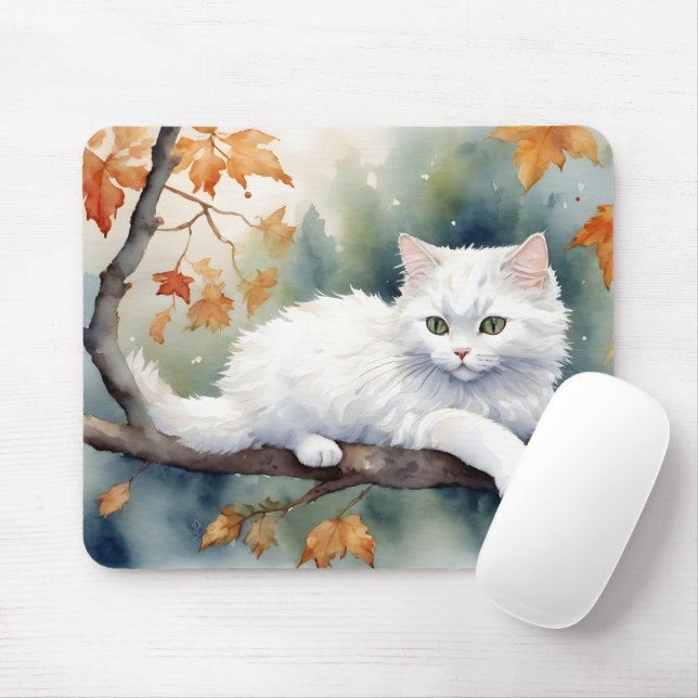 Aquarellfarben Herbstweißkatze Mousepad (Mit Mouse)