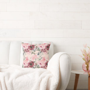 Aquarellfarben Hübsch Blütenrosa und Burgund Kissen