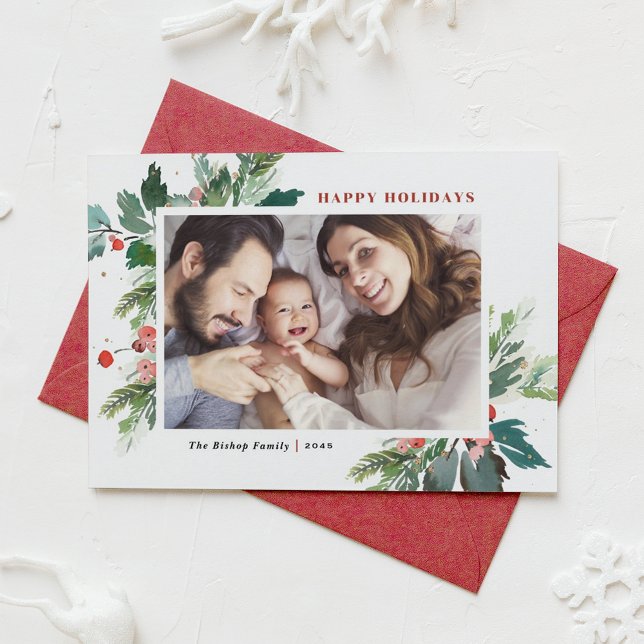 Aquarellfarben Imitate Golden Foil Botanisches Fot (Watercolor Holly and Winter Greenery Photo Happy Holidays Card)