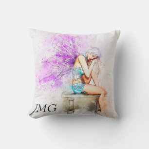 Aquarellfarben in Blau mit Monogramm Kissen