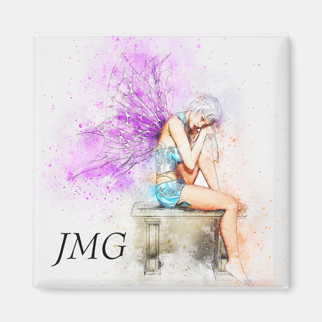 Aquarellfarben in Blau mit Monogramm Magnet (Vorne)