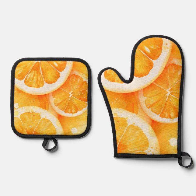 Aquarellfarben Juicy Orange Slices Ofenhandschuh & Topflappen-Set (Vorderseite)