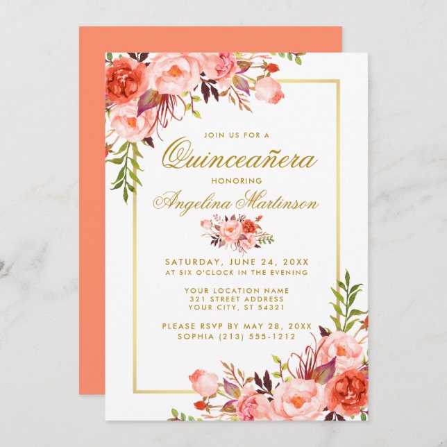 Aquarellfarben Korallenkoralle Quinceanera Goldrah Einladung (Vorne/Hinten)