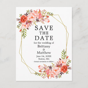 Aquarellfarben Korallenrahmen-Rose Save the Date Postkarte