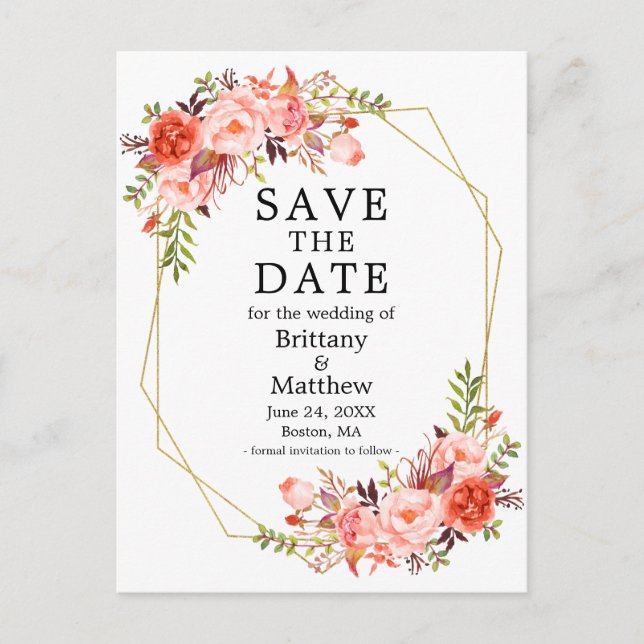 Aquarellfarben Korallenrahmen-Rose Save the Date Postkarte (Vorderseite)