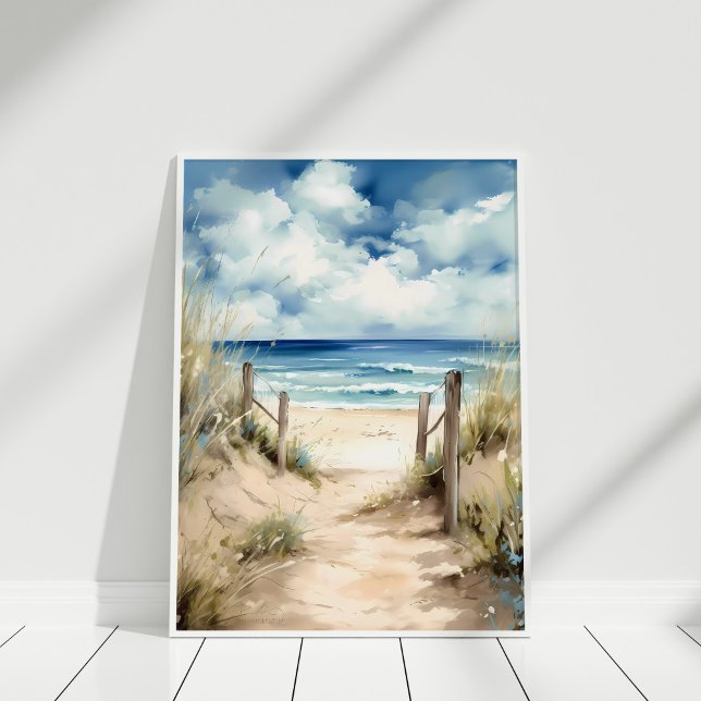 Aquarellfarben Küstenbesichtigung Mauer Poster (Watercolor Coastal Beach Illustration Wall Art in a white frame)