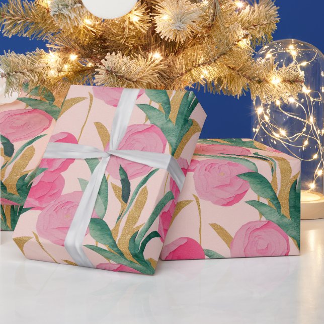 Aquarellfarben Lebende, rosa Frühlingsblumen Geschenkpapier (Feiertage)