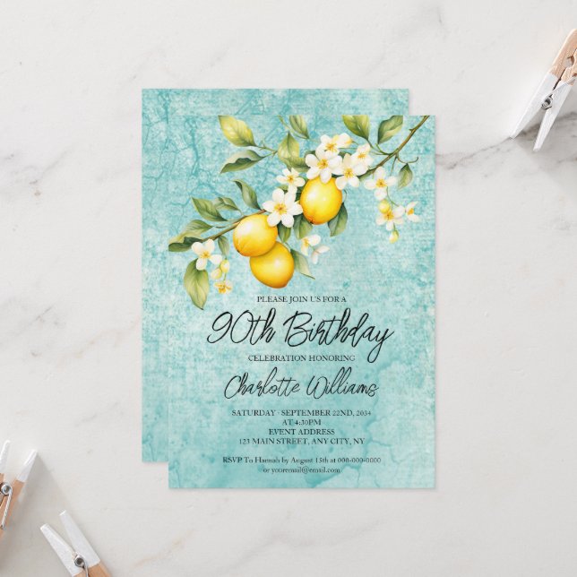 Aquarellfarben Lemon Thema 90. Geburtstag Einladung (Vorderseite/Rückseite Beispiel)