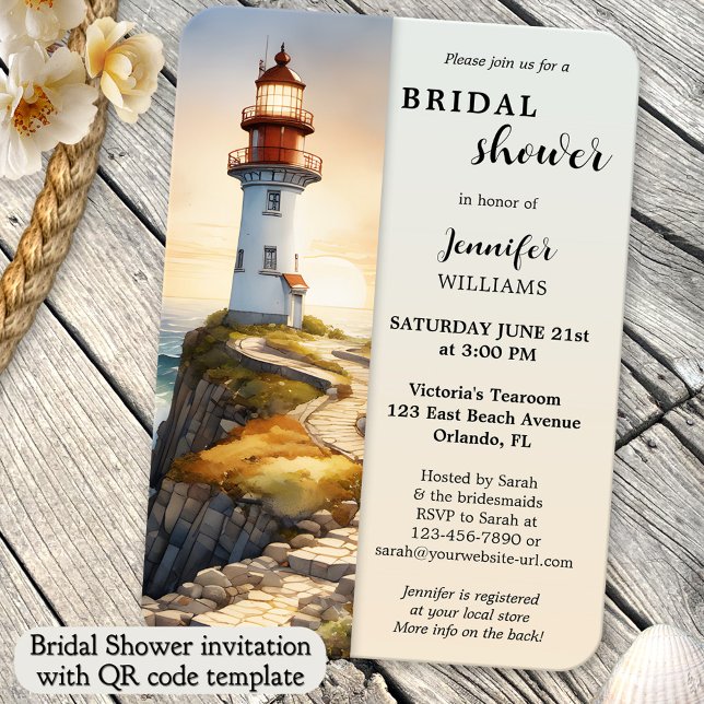 Aquarellfarben Leuchtturm Küstenmeer Brautparty Einladung (Coastal bridal shower invitation featuring a watercolor painting of a lighthouse at sunset - QR code)