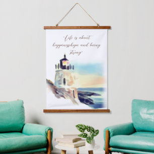 Aquarellfarben Leuchtturmmalerei Inspirationstext Wandteppich Mit Holzrahmen