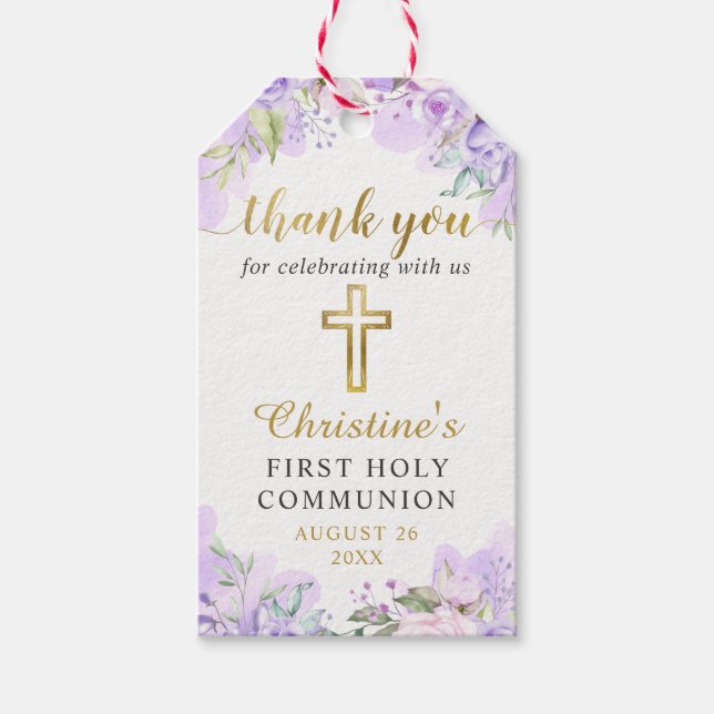 Aquarellfarben Lila Bläsergolden Erste Heilige Kom Geschenkanhänger (Vorderseite)