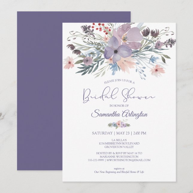 Aquarellfarben Lila Blütenfarben Brautparty Einladung (Vorne/Hinten)