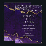 Aquarellfarben Lila Goldmarmor Agate Geode Lights Save The Date<br><div class="desc">Moderne Elegante Wasserfarbe Lila und Gold Marble Agate Geode Save the Date Karte mit String Lights</div>