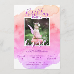 Aquarellfarben Lila Mädchen GEBURTSTAG 1. JAHR Einladung